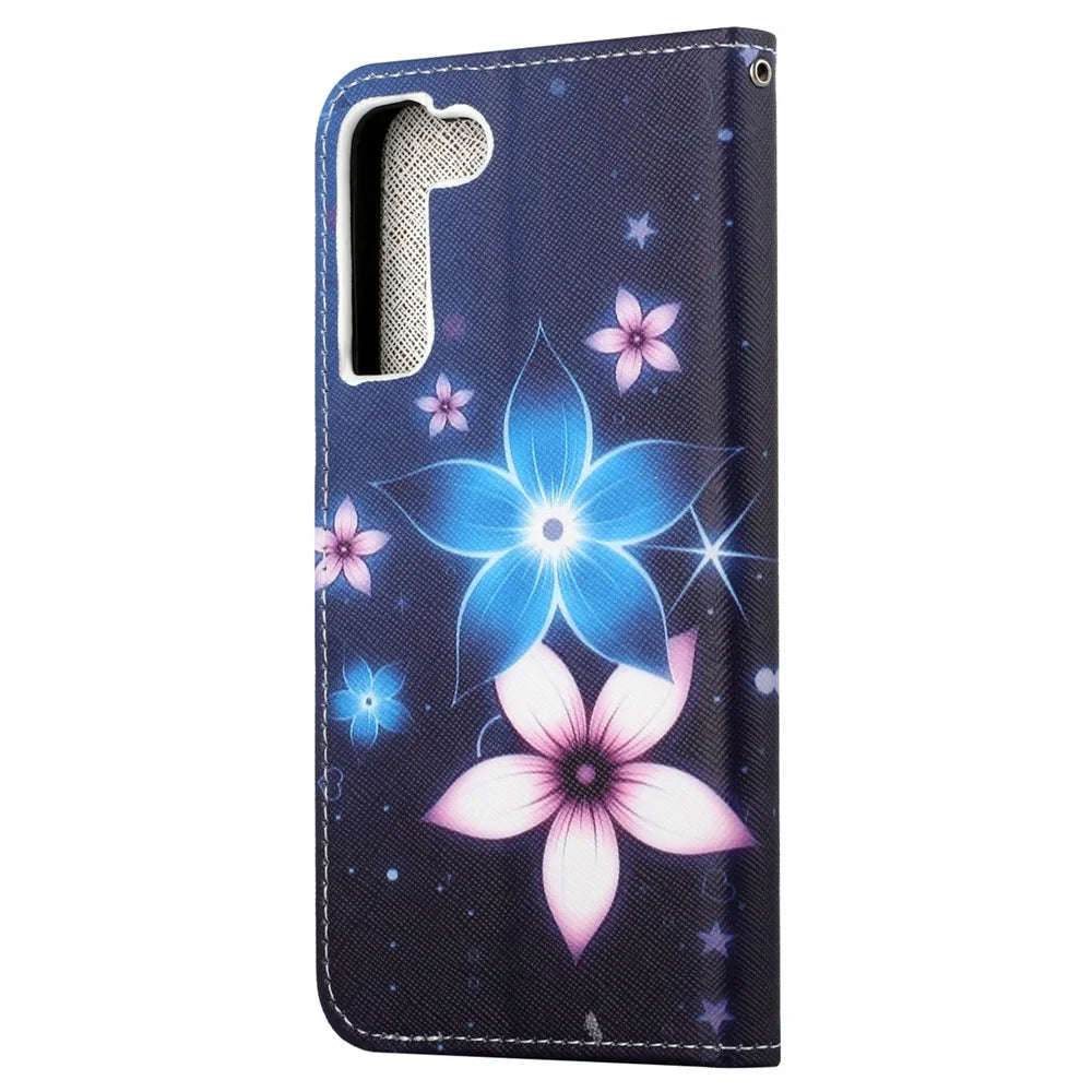 For Samsung Galaxy S23 Cross Texture PU Leather Scratch Proof Cover 3D Pattern Printing Foldable Stand Wallet Case - Blue Flower - 6