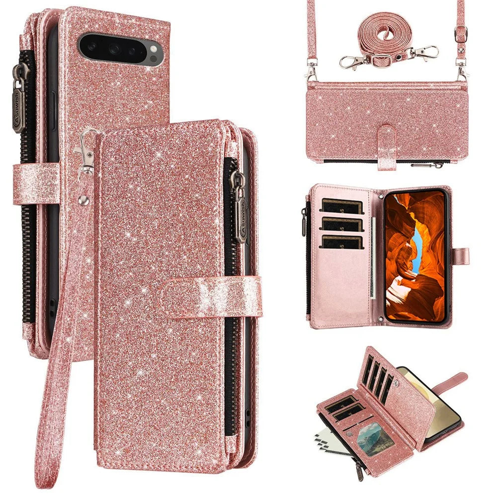 ASUWISH 10 Card Holder Phone Case For Google Pixel 10  /  10 Pro  /  9  /  9 Pro Glitter Leather Cover with Crossbody Strap - Rose Gold - 1
