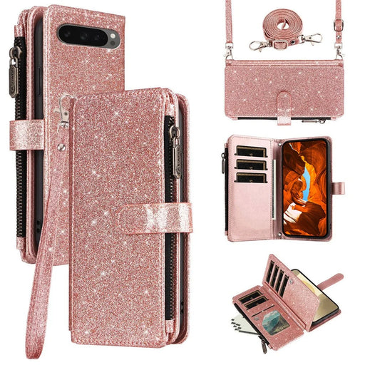 ASUWISH 10 Card Holder Phone Case For Google Pixel 10  /  10 Pro  /  9  /  9 Pro Glitter Leather Cover with Crossbody Strap - Rose Gold - 1