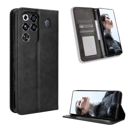For ZTE nubia RedMagic 11 Pro+ 5G / ZTE nubia RedMagic 11 Pro 5G Leather Case Wallet Stand Retro Texture Phone Cover - Black - 1
