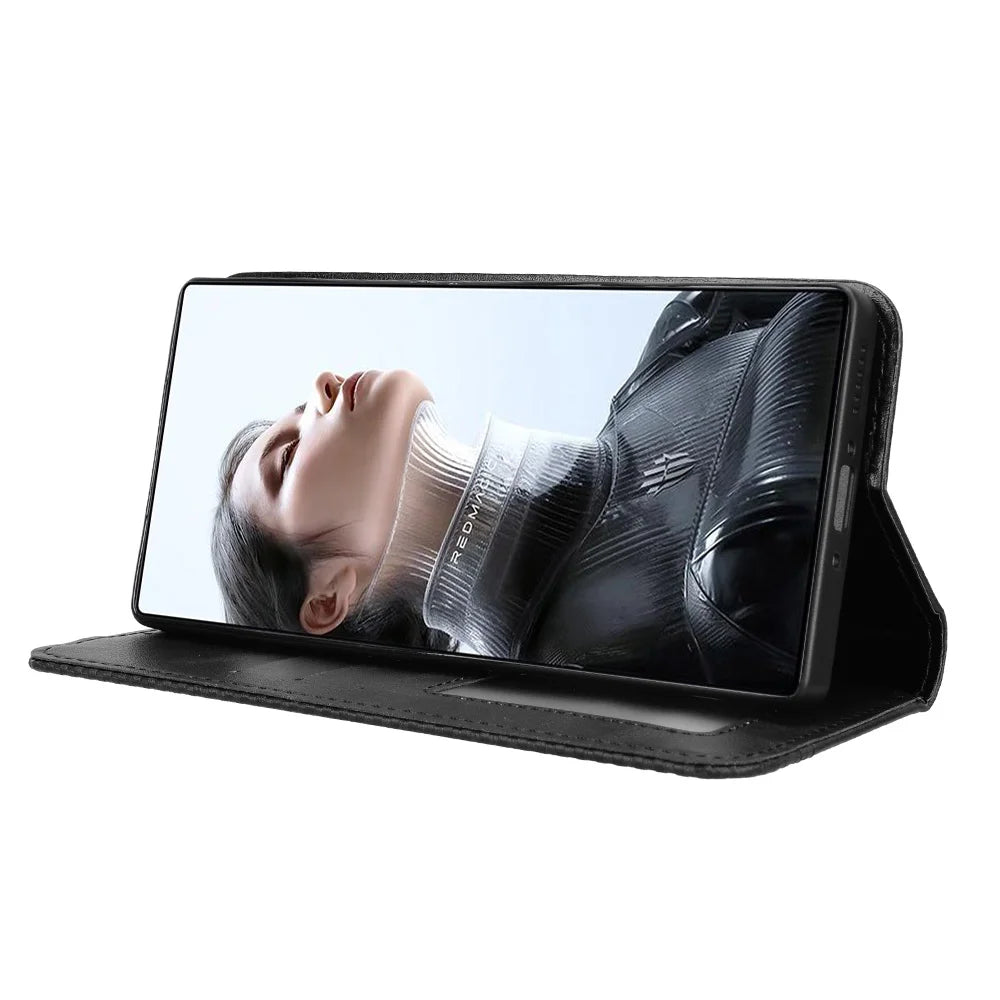 For ZTE nubia RedMagic 11 Pro+ 5G / ZTE nubia RedMagic 11 Pro 5G Leather Case Wallet Stand Retro Texture Phone Cover - Black - 7