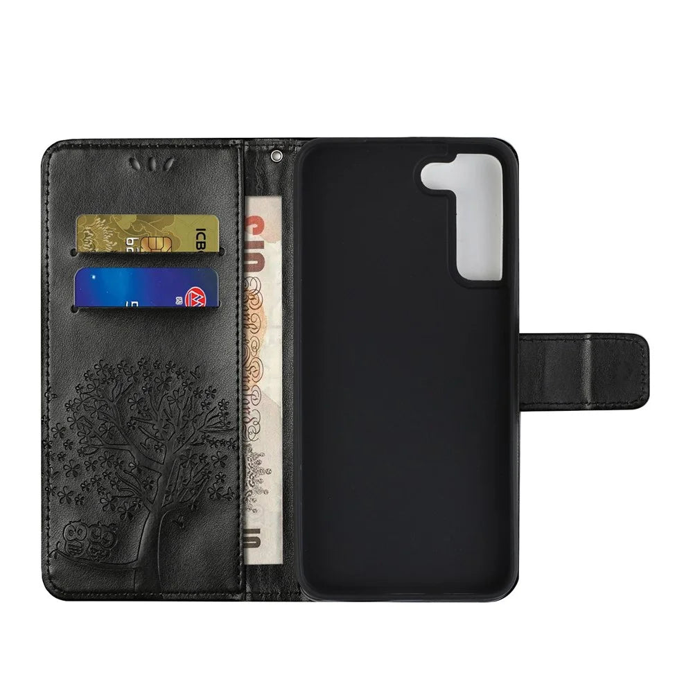 Phone Cover for Samsung Galaxy S23, Stand Feature PU Leather Imprinted Owl Tree Pattern Magnetic Clasp Flip Wallet Case - Black - 2