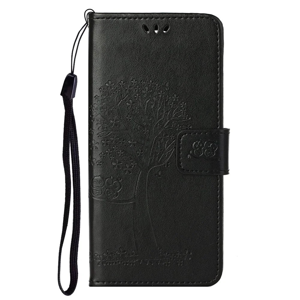 Phone Cover for Samsung Galaxy S23, Stand Feature PU Leather Imprinted Owl Tree Pattern Magnetic Clasp Flip Wallet Case - Black - 4