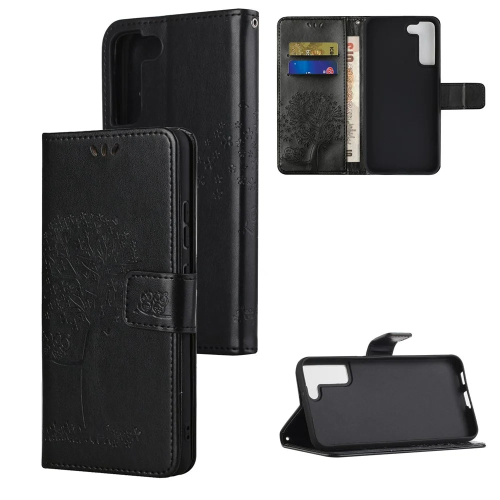 Phone Cover for Samsung Galaxy S23, Stand Feature PU Leather Imprinted Owl Tree Pattern Magnetic Clasp Flip Wallet Case - Black - 7