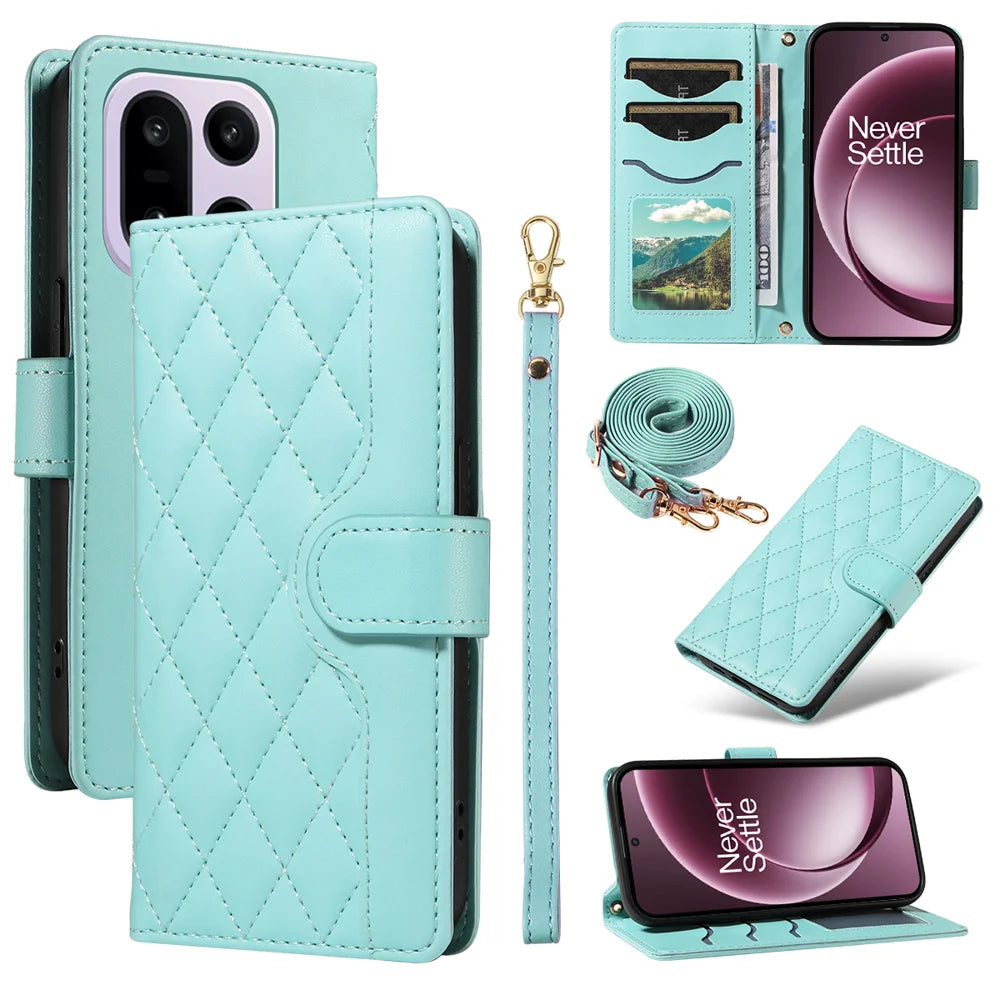 For OnePlus 15 5G Wallet Case Rhombus Leather Phone Cover with Strap - Green - 1