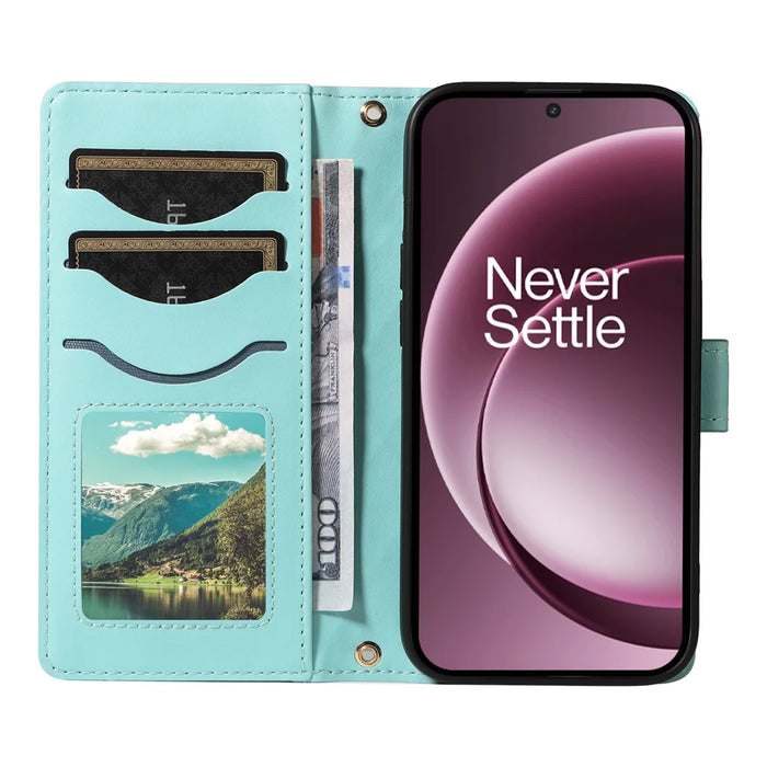 For OnePlus 15 5G Wallet Case Rhombus Leather Phone Cover with Strap - Green - 2
