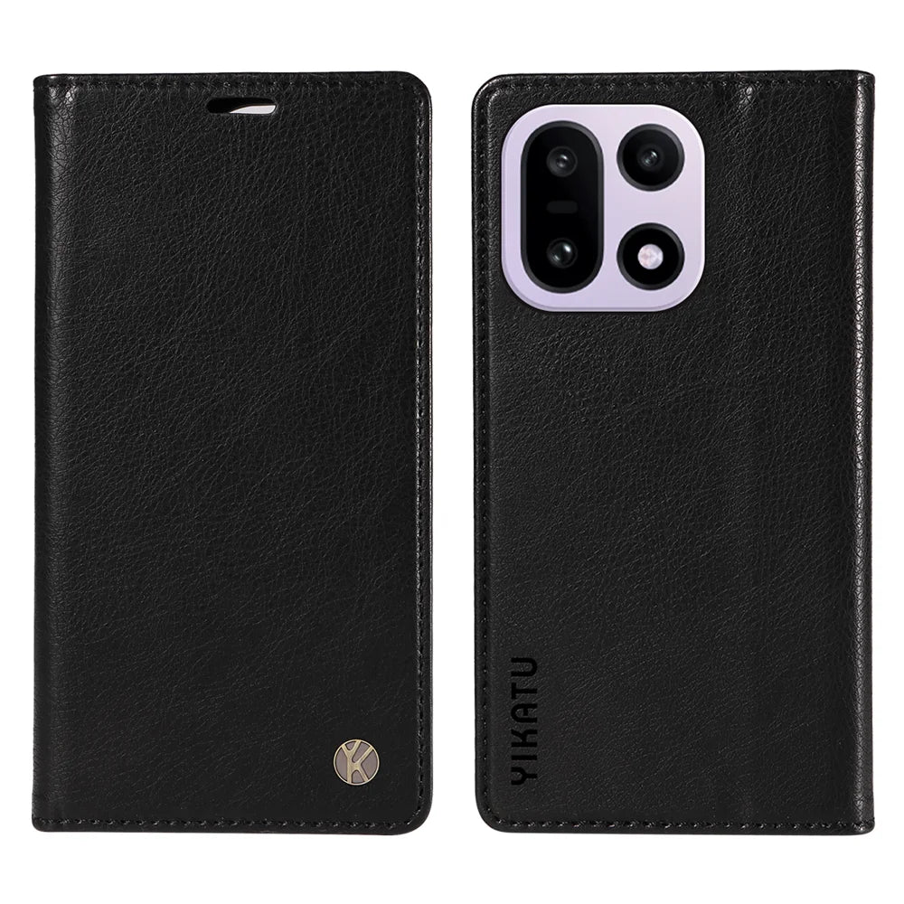 YIKATU For OnePlus 15 5G Wallet Case  YK-006 Magnetic Closure Leather Phone Cover Litchi Texture - Black - 1