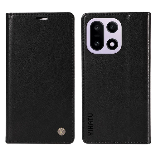 YIKATU For OnePlus 15 5G Wallet Case  YK-006 Magnetic Closure Leather Phone Cover Litchi Texture - Black - 1