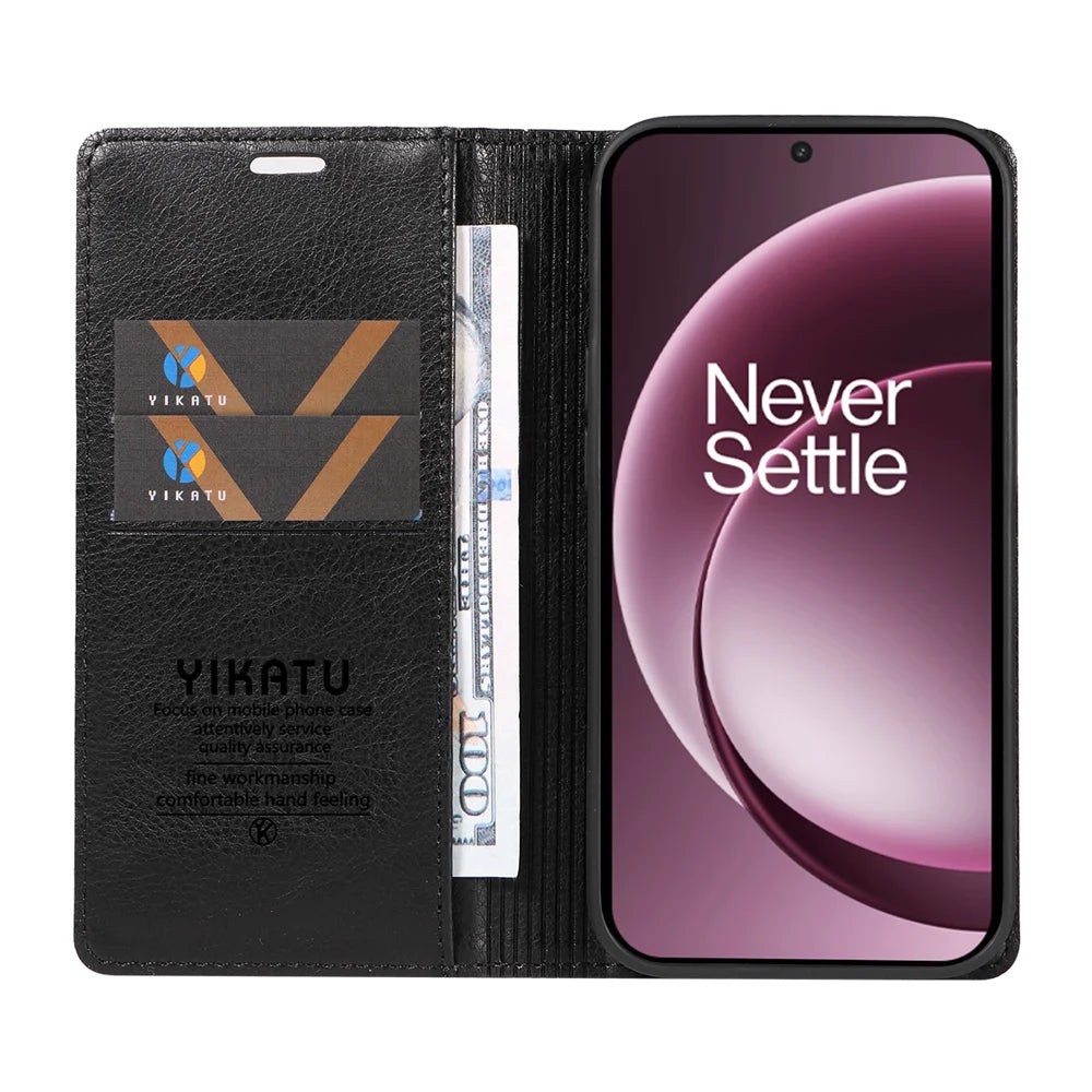 YIKATU For OnePlus 15 5G Wallet Case  YK-006 Magnetic Closure Leather Phone Cover Litchi Texture - Black - 2