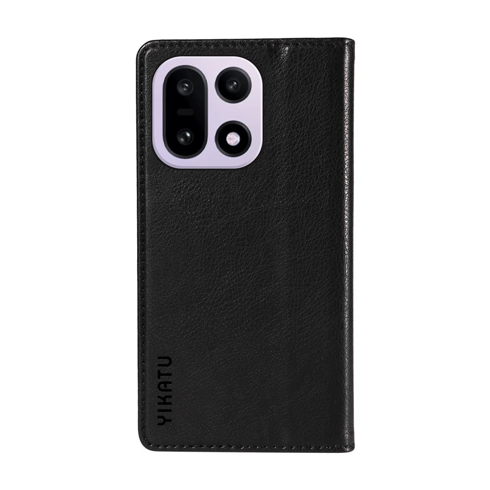 YIKATU For OnePlus 15 5G Wallet Case  YK-006 Magnetic Closure Leather Phone Cover Litchi Texture - Black - 7