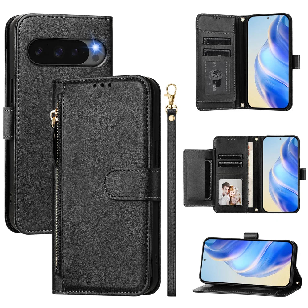 For Google Pixel 10 Pro / Google Pixel 10 Case Zipper Pocket Multiple Card Slots Leather Phone Cover - Black - 1
