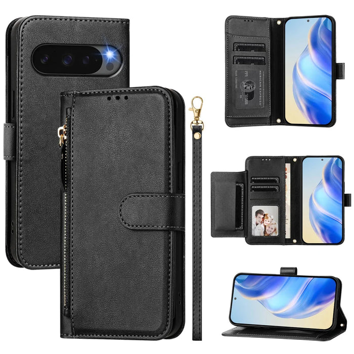 For Google Pixel 10 Pro / Google Pixel 10 Case Zipper Pocket Multiple Card Slots Leather Phone Cover - Black - 1