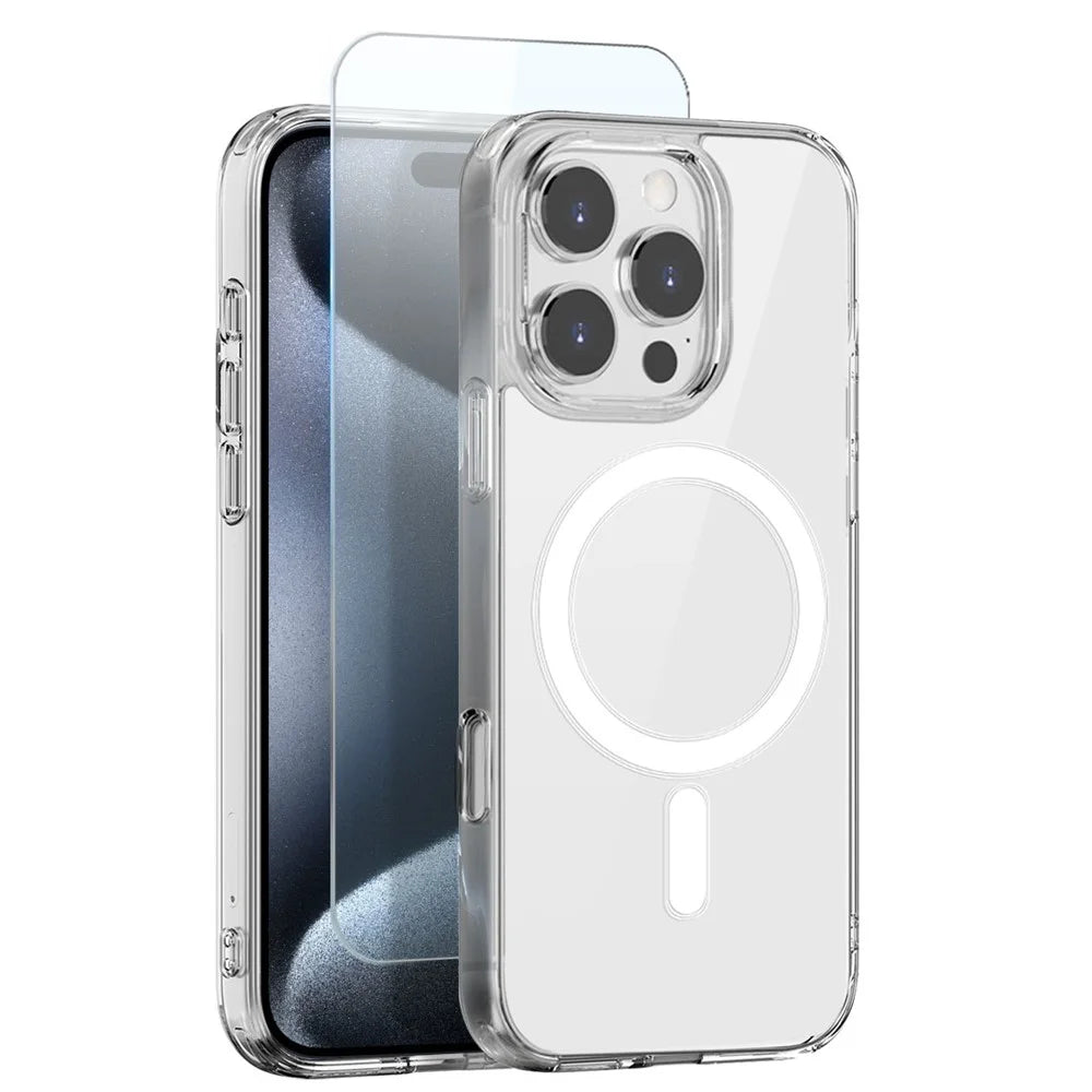 NORTHJO For iPhone 15 Pro Max Case Compatible with MagSafe PC + TPU Phone Cover with Tempered Glass Film - Transparent - 1