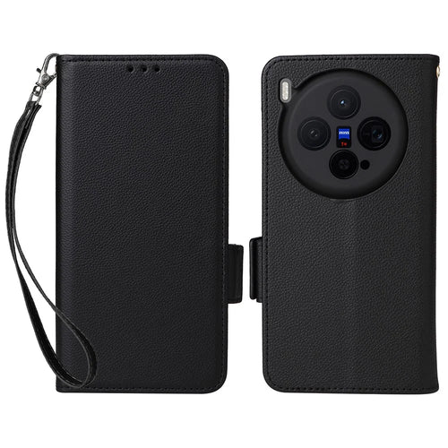 For vivo X300 5G Case Litchi Texture Wallet Leather Phone Cover with Wrist Strap - Black - 1