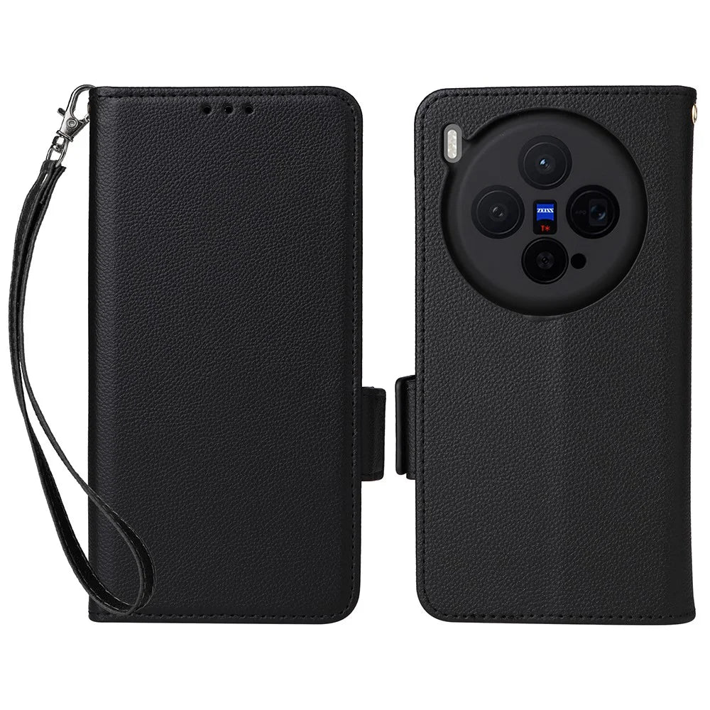 For vivo X300 5G Case Litchi Texture Wallet Leather Phone Cover with Wrist Strap - Black - 1