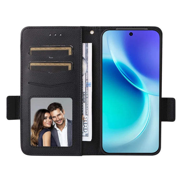 For vivo X300 5G Case Litchi Texture Wallet Leather Phone Cover with Wrist Strap - Black - 2