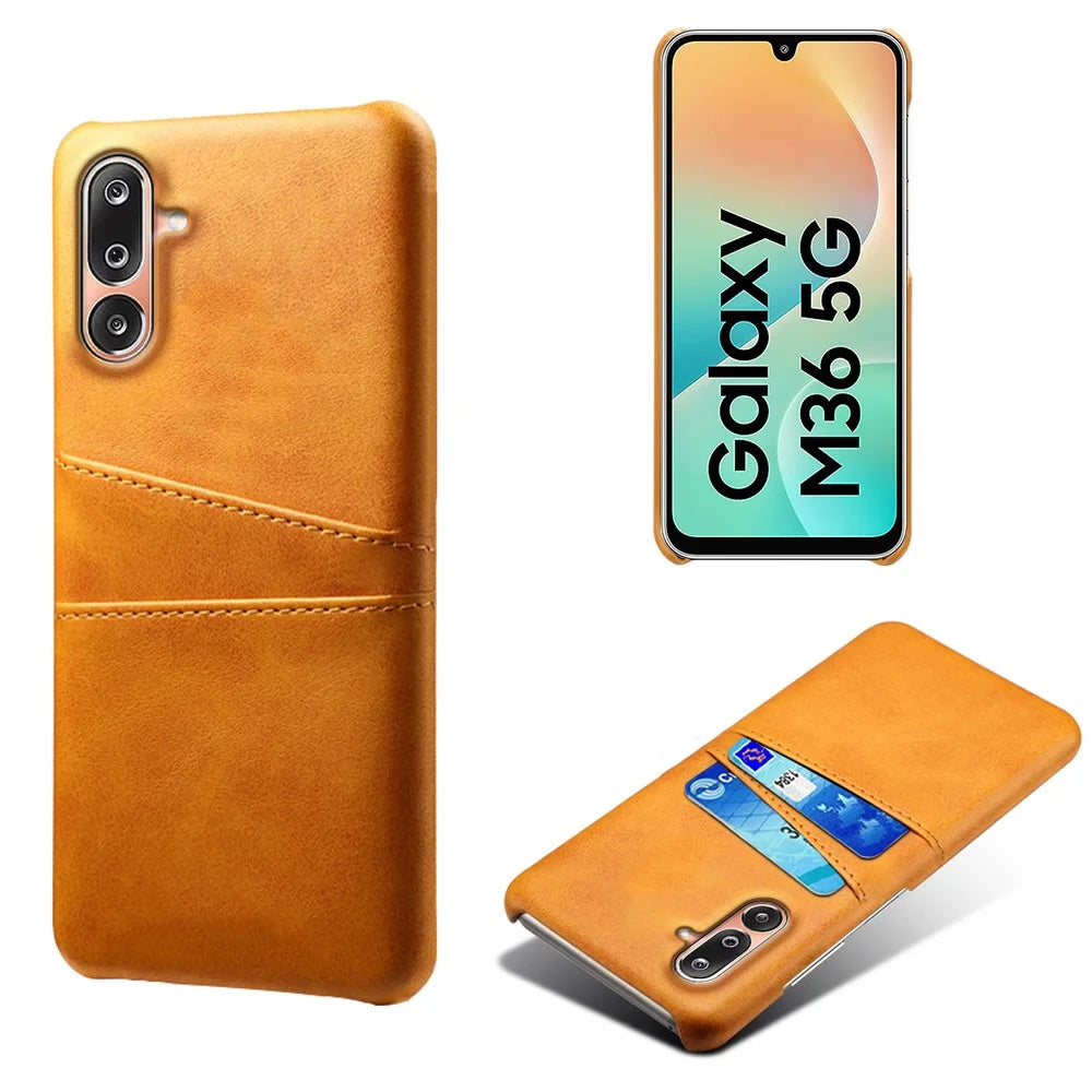 For Samsung Galaxy M36 5G Case Dual Card Slots PU Leather + Hard PC Phone Cover - Orange - 1