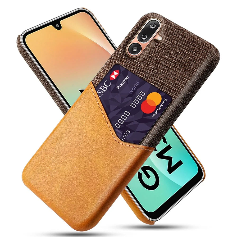 For Samsung Galaxy M36 5G Case PU Leather Cloth Texture Hard PC Phone Cover with Card Holder - Orange - 1