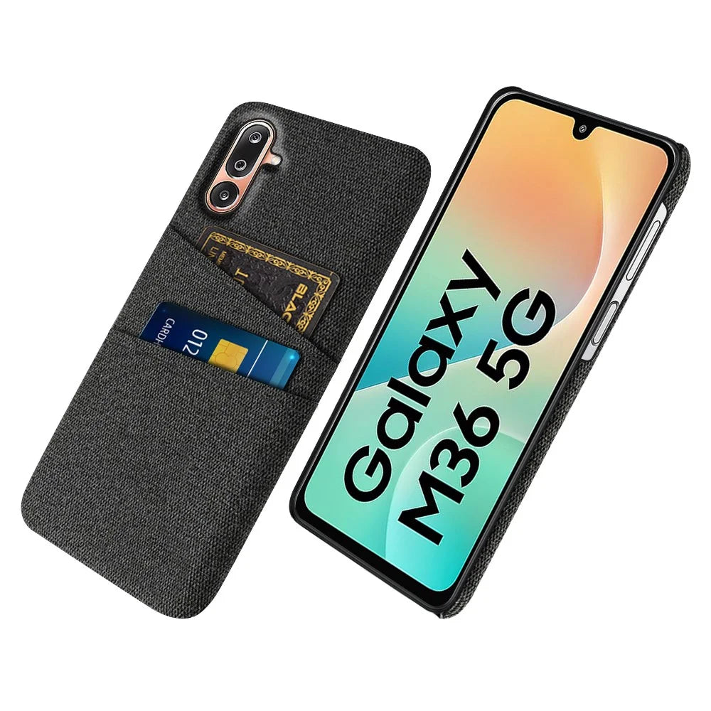 For Samsung Galaxy M36 5G Case Cloth + Hard PC Phone Cover with Dual Card Slots - Black - 1