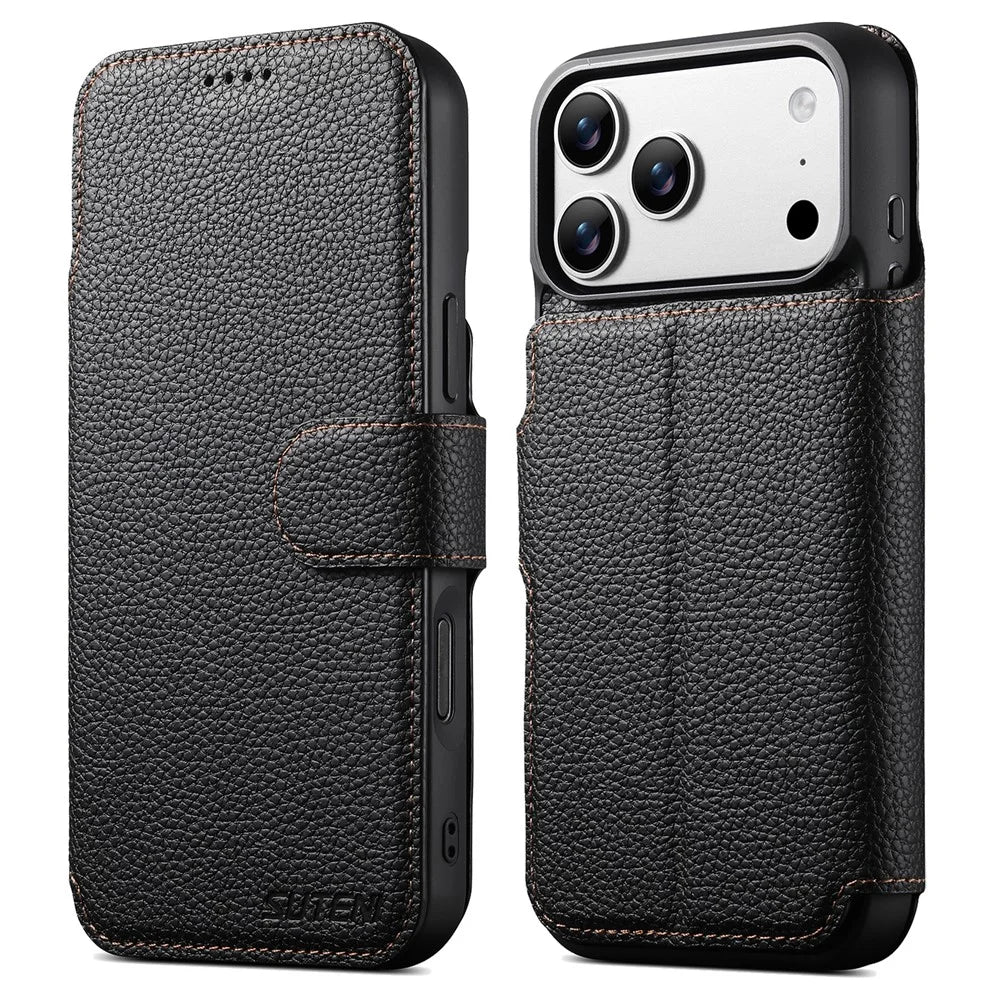 SUTENI Q-05 For iPhone 17 Pro Magnetic Case Litchi Texture Wallet Stand Detachable Leather Phone Cover - Black - 1