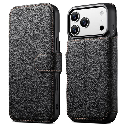 SUTENI Q-05 For iPhone 17 Pro Magnetic Case Litchi Texture Wallet Stand Detachable Leather Phone Cover - Black - 1