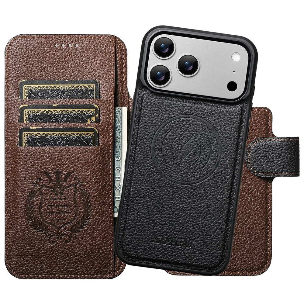 SUTENI Q-05 For iPhone 17 Pro Magnetic Case Litchi Texture Wallet Stand Detachable Leather Phone Cover - Black - 2