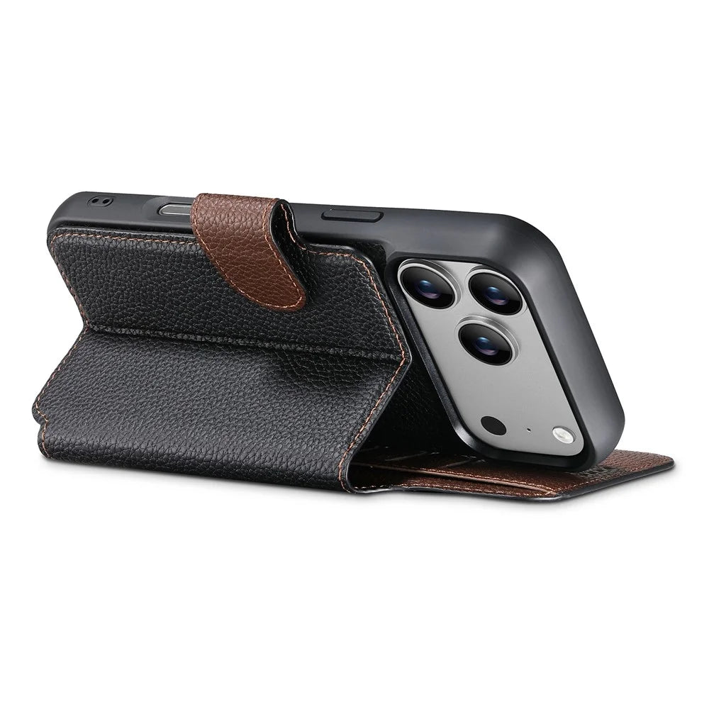 SUTENI Q-05 For iPhone 17 Pro Magnetic Case Litchi Texture Wallet Stand Detachable Leather Phone Cover - Black - 4