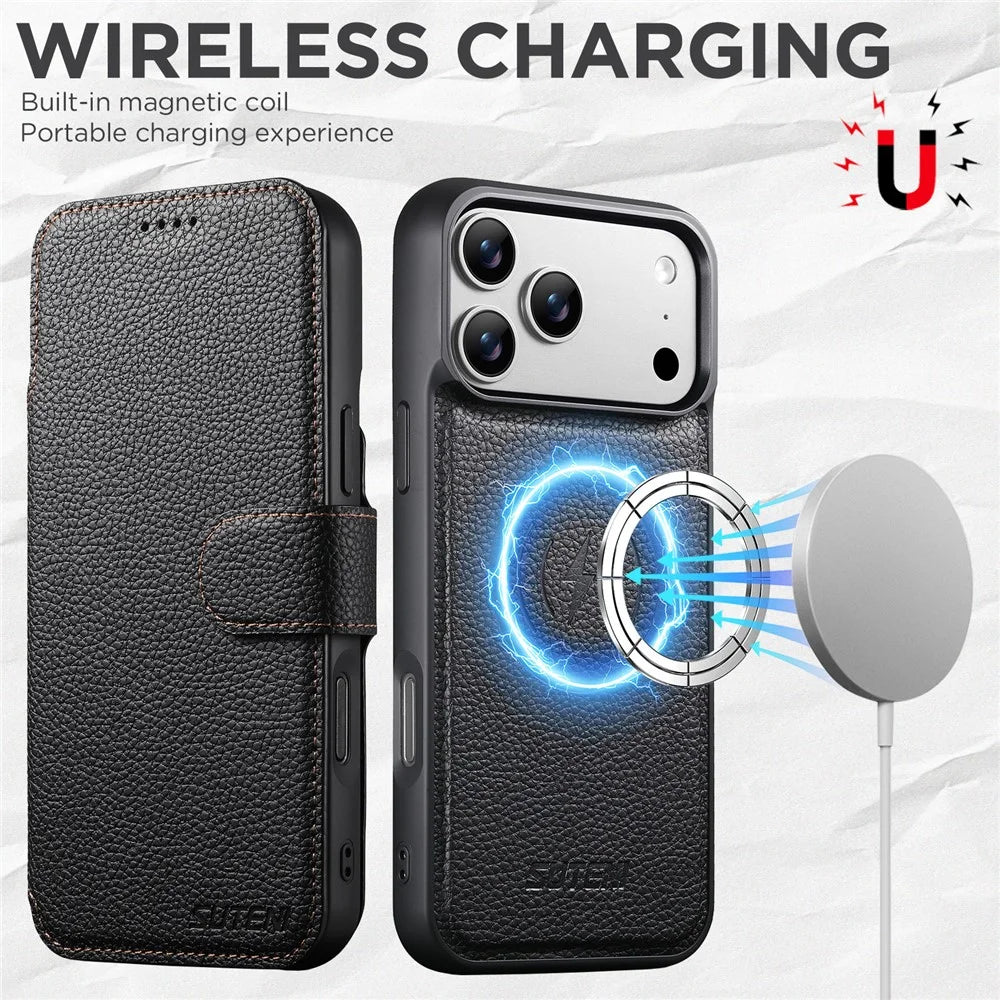 SUTENI Q-05 For iPhone 17 Pro Magnetic Case Litchi Texture Wallet Stand Detachable Leather Phone Cover - Black - 7
