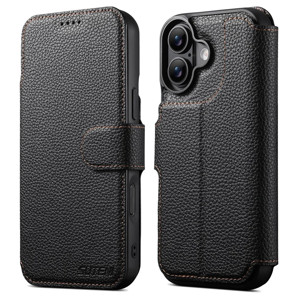 SUTENI Q-05 For iPhone 17 Magnetic Case Litchi Texture Wallet Stand Detachable Leather Phone Cover - Black - 1