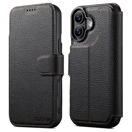 SUTENI Q-05 For iPhone 17 Magnetic Case Litchi Texture Wallet Stand Detachable Leather Phone Cover - Black - 1