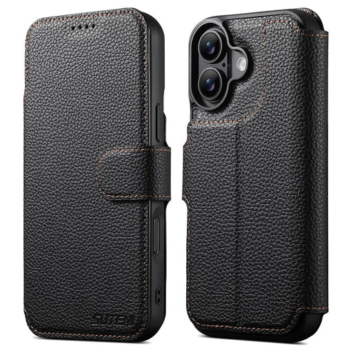 SUTENI Q-05 For iPhone 17 Magnetic Case Litchi Texture Wallet Stand Detachable Leather Phone Cover - Black - 1