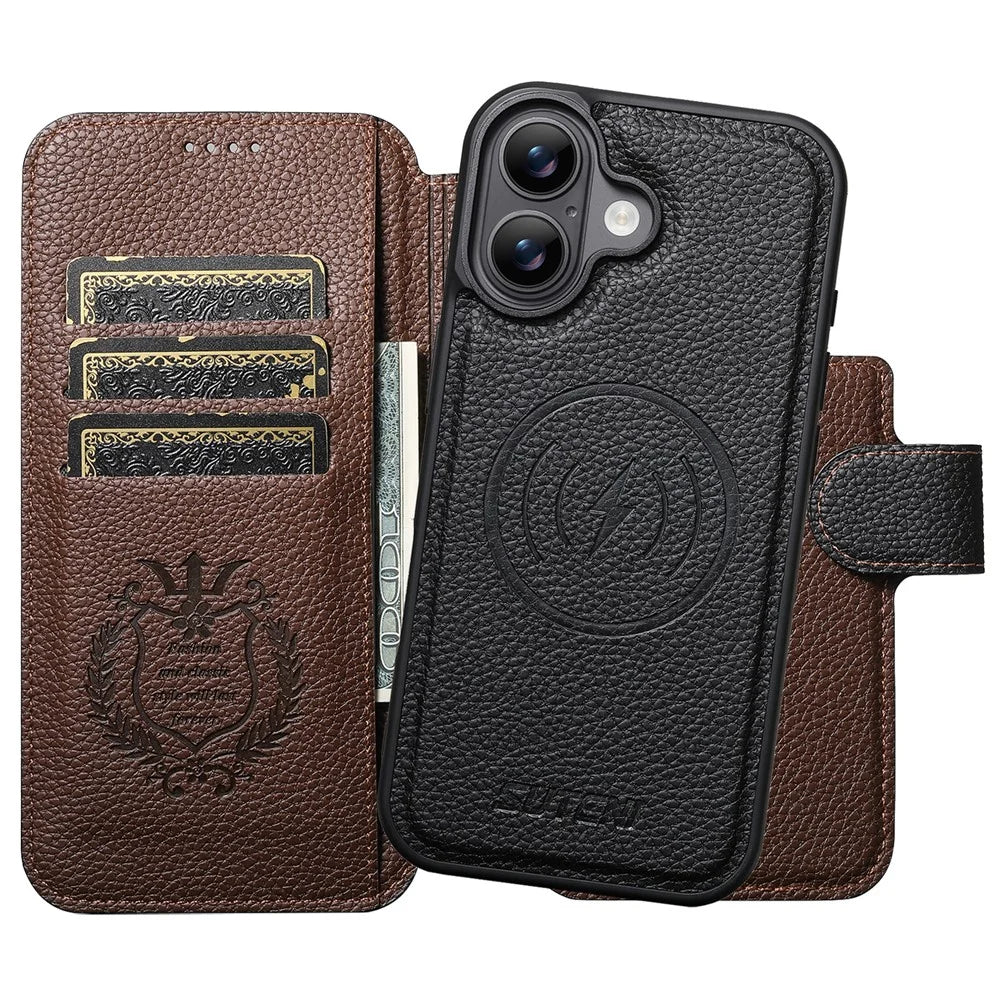 SUTENI Q-05 For iPhone 17 Magnetic Case Litchi Texture Wallet Stand Detachable Leather Phone Cover - Black - 2