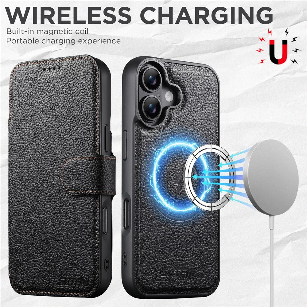 SUTENI Q-05 For iPhone 17 Magnetic Case Litchi Texture Wallet Stand Detachable Leather Phone Cover - Black - 5