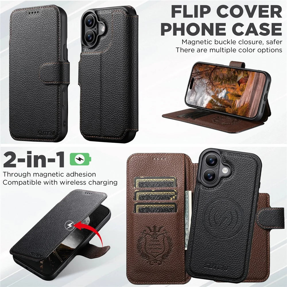 SUTENI Q-05 For iPhone 17 Magnetic Case Litchi Texture Wallet Stand Detachable Leather Phone Cover - Black - 6