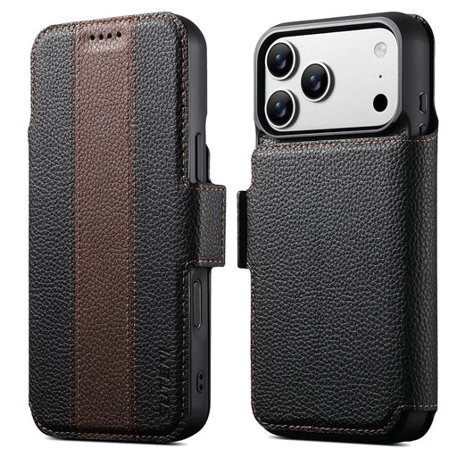 SUTENI Q-08 for iPhone 17 Pro Max Magnetic Case Litchi Texture Wallet Stand Splicing Color Leather Detachable Phone Cover - Brown - 1