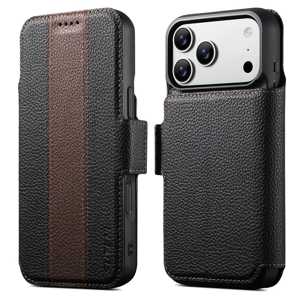 SUTENI Q-08 for iPhone 17 Pro Magnetic Case Litchi Texture Wallet Stand Splicing Color Leather Detachable Phone Cover - Brown - 1
