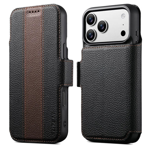 SUTENI Q-08 for iPhone 17 Pro Magnetic Case Litchi Texture Wallet Stand Splicing Color Leather Detachable Phone Cover - Brown - 1