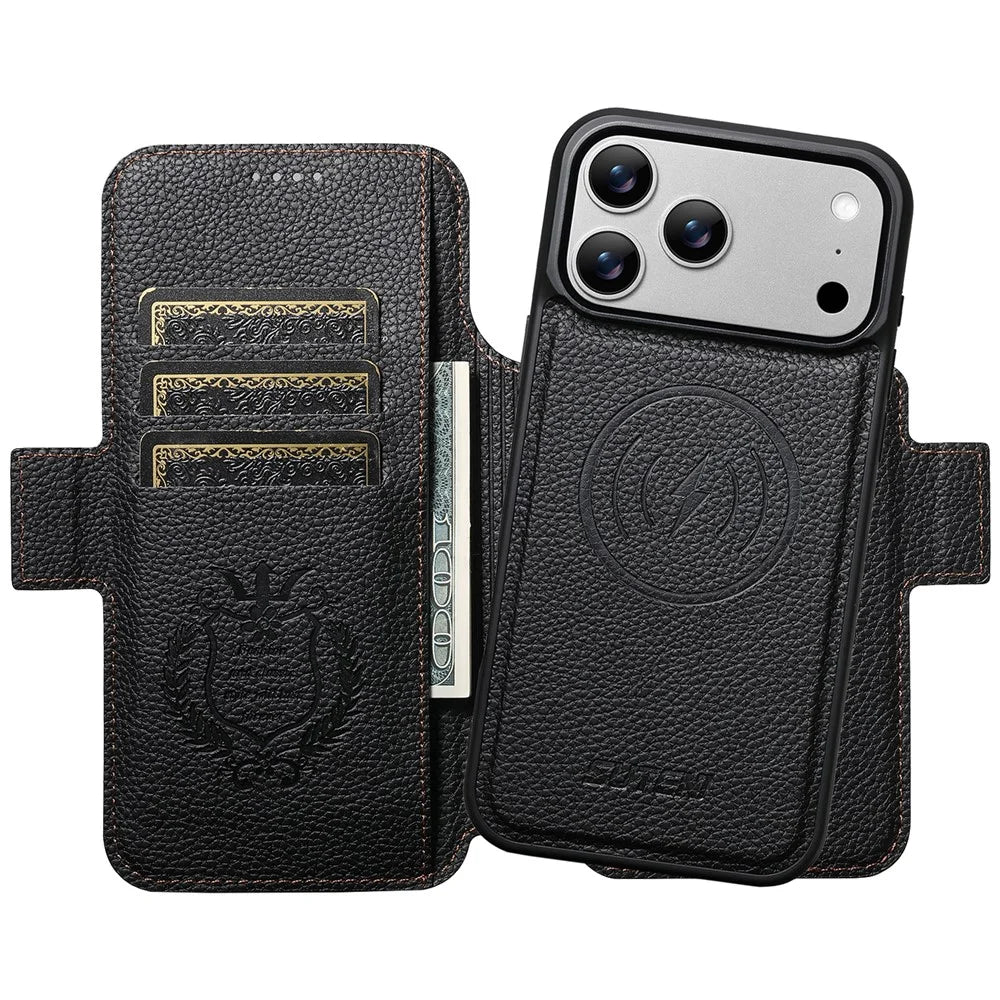 SUTENI Q-08 for iPhone 17 Pro Magnetic Case Litchi Texture Wallet Stand Splicing Color Leather Detachable Phone Cover - Brown - 2