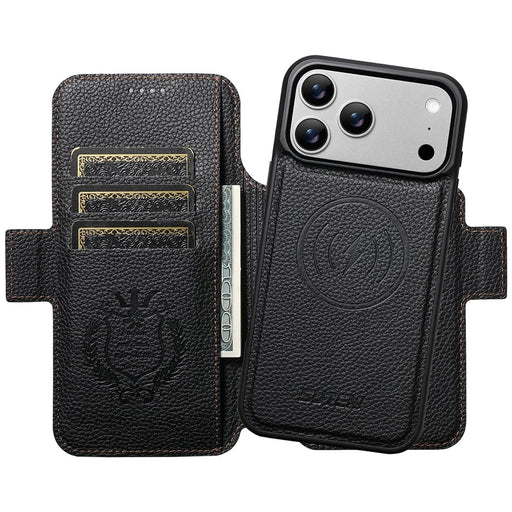 SUTENI Q-08 for iPhone 17 Pro Magnetic Case Litchi Texture Wallet Stand Splicing Color Leather Detachable Phone Cover - Brown - 2