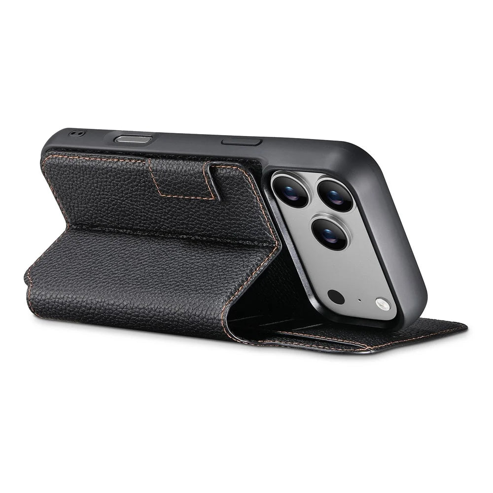 SUTENI Q-08 for iPhone 17 Pro Magnetic Case Litchi Texture Wallet Stand Splicing Color Leather Detachable Phone Cover - Brown - 5