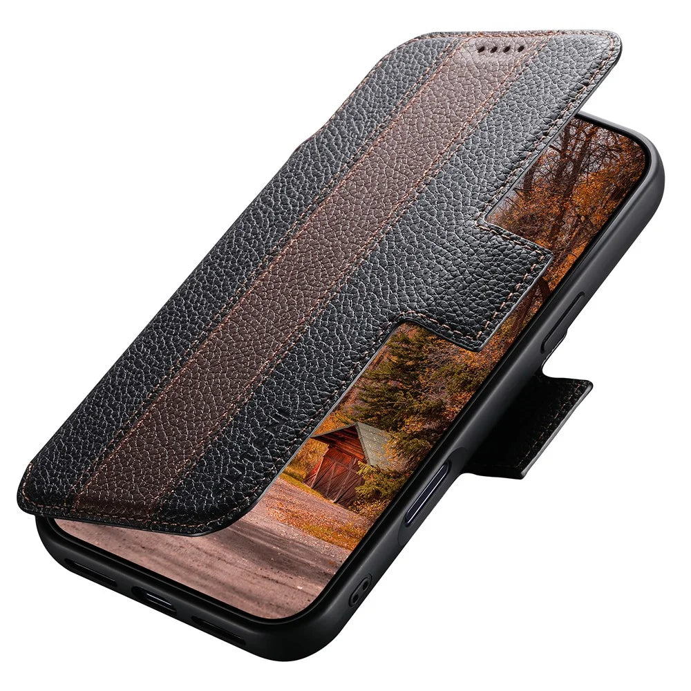 SUTENI Q-08 for iPhone 17 Pro Magnetic Case Litchi Texture Wallet Stand Splicing Color Leather Detachable Phone Cover - Brown - 6