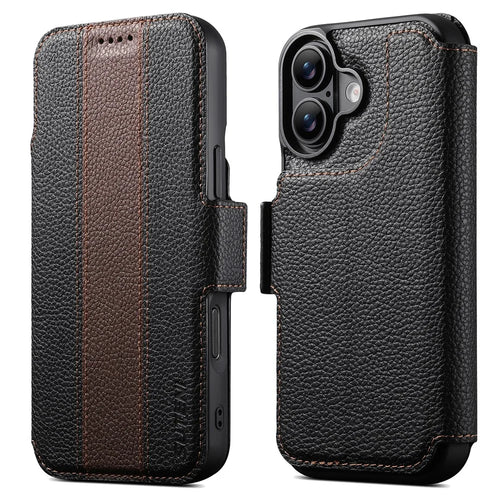 SUTENI Q-08 for iPhone 17 Magnetic Case Litchi Texture Wallet Stand Splicing Color Leather Detachable Phone Cover - Brown - 1