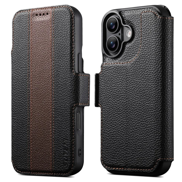 SUTENI Q-08 for iPhone 17 Magnetic Case Litchi Texture Wallet Stand Splicing Color Leather Detachable Phone Cover - Brown - 1