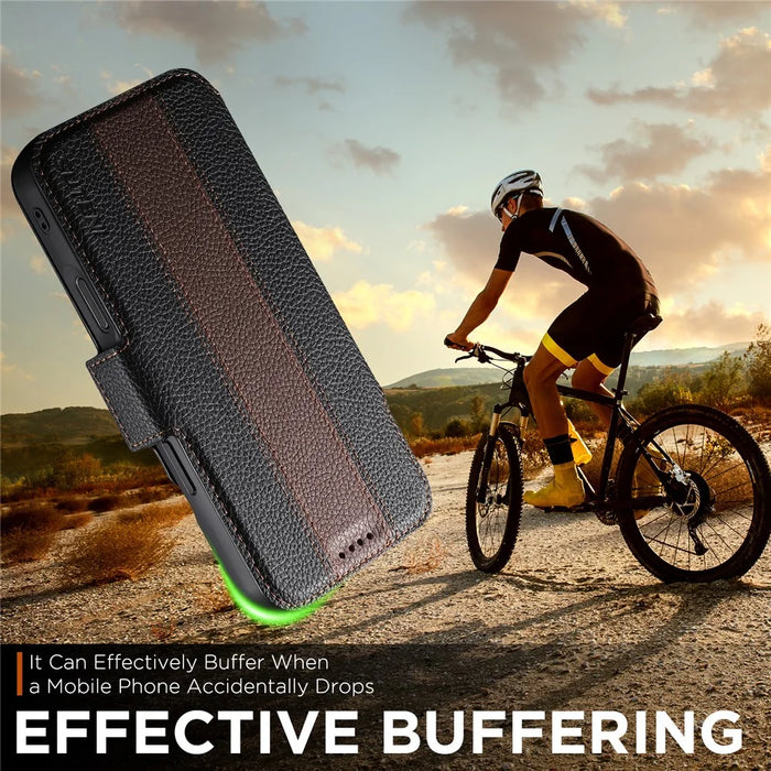 SUTENI Q-08 for iPhone 17 Magnetic Case Litchi Texture Wallet Stand Splicing Color Leather Detachable Phone Cover - Brown - 7