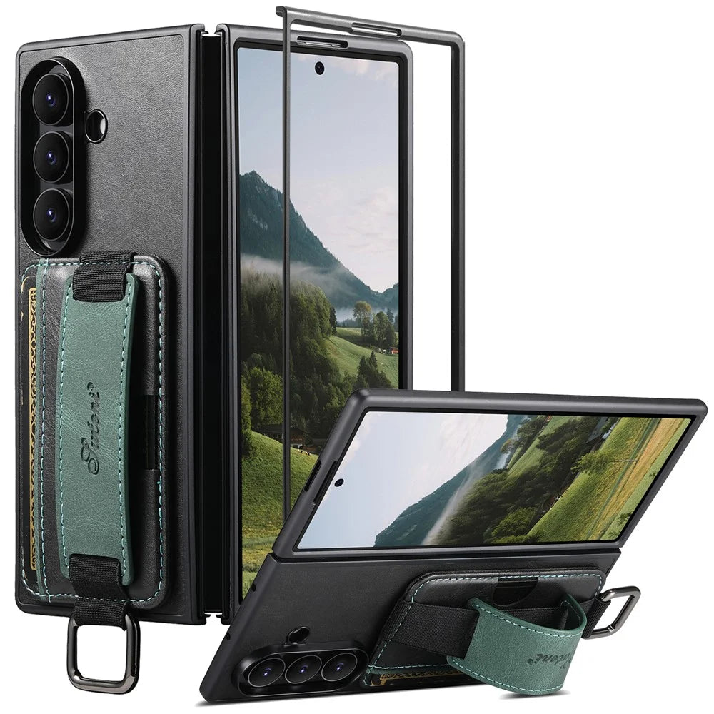 SUTENI H13 For Samsung Galaxy Z Fold7 5G Case Card Holder Wristband Waxy Texture Leather + TPU + PC Cover - Black - 1