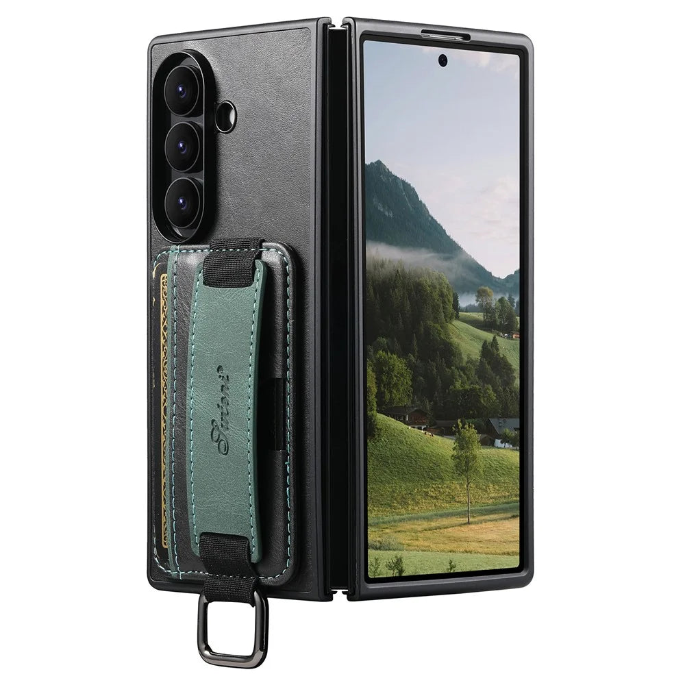 SUTENI H13 For Samsung Galaxy Z Fold7 5G Case Card Holder Wristband Waxy Texture Leather + TPU + PC Cover - Black - 2