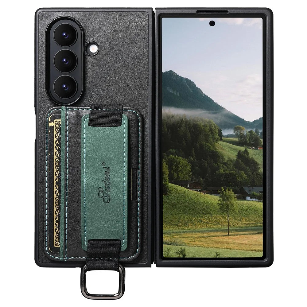 SUTENI H13 For Samsung Galaxy Z Fold7 5G Case Card Holder Wristband Waxy Texture Leather + TPU + PC Cover - Black - 3