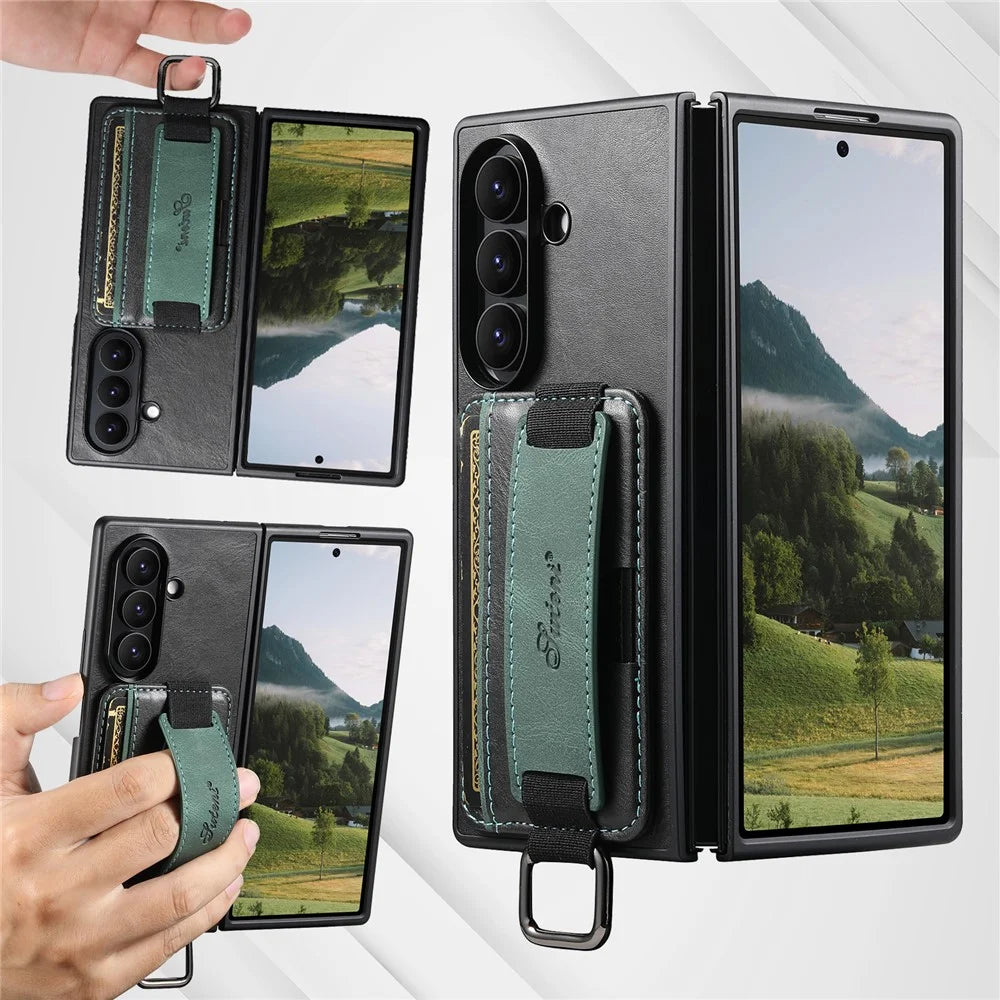 SUTENI H13 For Samsung Galaxy Z Fold7 5G Case Card Holder Wristband Waxy Texture Leather + TPU + PC Cover - Black - 5