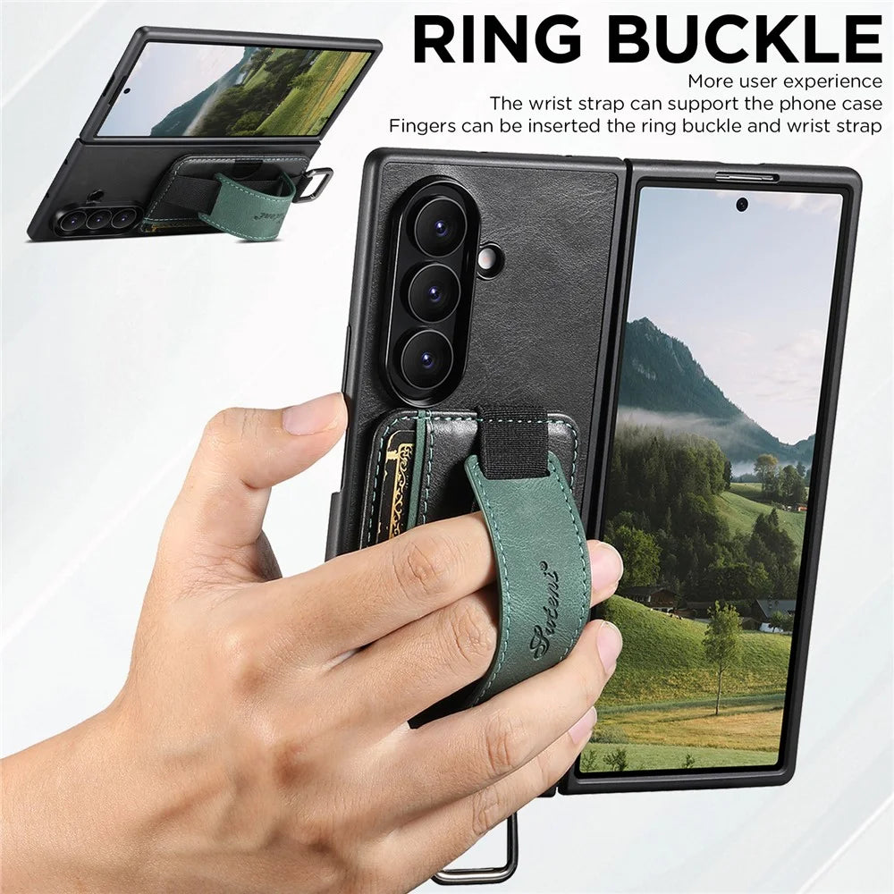 SUTENI H13 For Samsung Galaxy Z Fold7 5G Case Card Holder Wristband Waxy Texture Leather + TPU + PC Cover - Black - 6