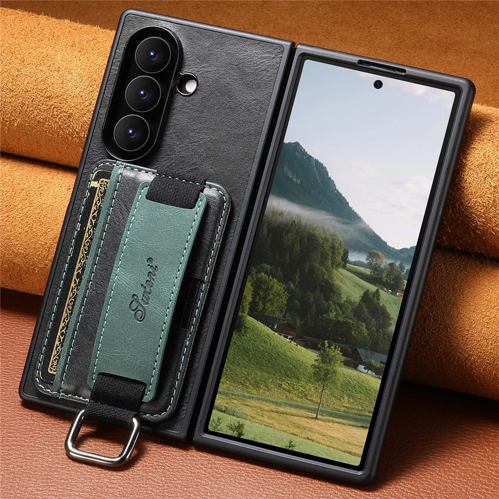 SUTENI H13 For Samsung Galaxy Z Fold7 5G Case Card Holder Wristband Waxy Texture Leather + TPU + PC Cover - Black - 7
